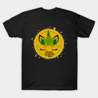 Unicorn with green clovers on a gold coin. Enjoy St. Paddy's Day! T-Shirt